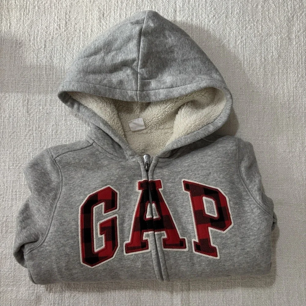 Baby Gap zip up Fleece Hoodie Jacket Gray 5 Years Buffalo Plaid Warm EUC